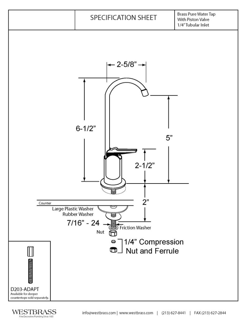 Westbrass D203-NL-26 6" Touch-Flo Style Pure Cold Water Dispenser Faucet, 1-Pack, Polished Chrome - Image 2